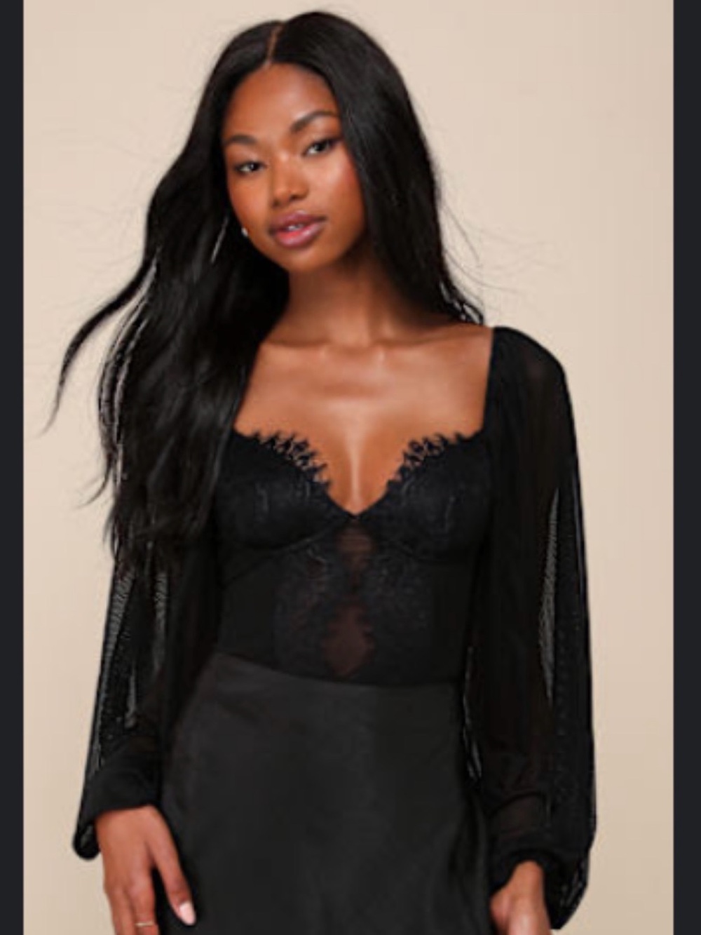 Lulu's Black Lace-Inset Long Sleeve Bodysuit
